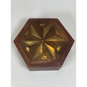 Wood Brass Inlay Trinket Keepsake Box Hexagon Shaped
